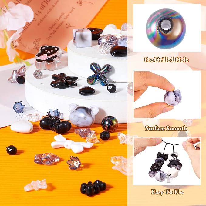 FASHEWELRY 1 Bag Cute Acrylic Beads Bulk Assorted Black Acrylic Beads Kawaii Aesthetic Bead Heart Bow Bear Bead Gothic Clear Pony Beading for Bracelets Necklace Making
