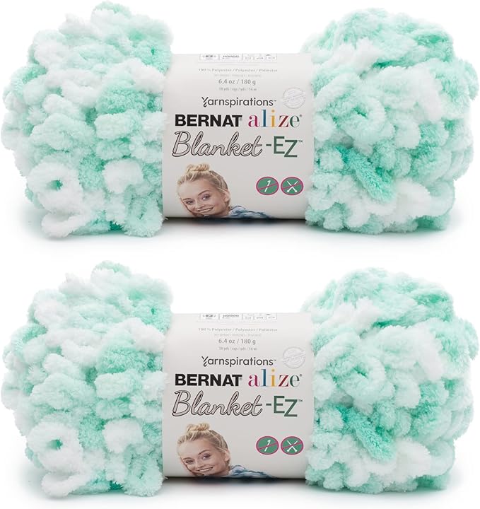 Bernat Alize Blanket-EZ Super Soft Looped Yarn for Beginners, Hand Knitting- No Needles or Hooks Needed, White and Mint,White/Mint