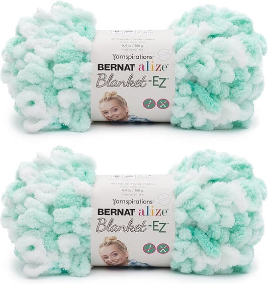 Bernat Alize Blanket-EZ Super Soft Looped Yarn for Beginners, Hand Knitting- No Needles or Hooks Needed, White and Mint,White/Mint