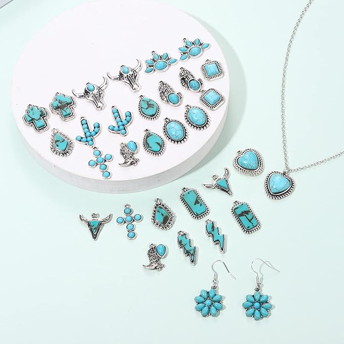 NVENF 32PCS Western Charms for Jewelry Making, Synthetic Turquoise Vintage Cactus Heart Flower Lightning Cowboy Boot Pendant for Bracelet Necklace Earring DIY Crafts