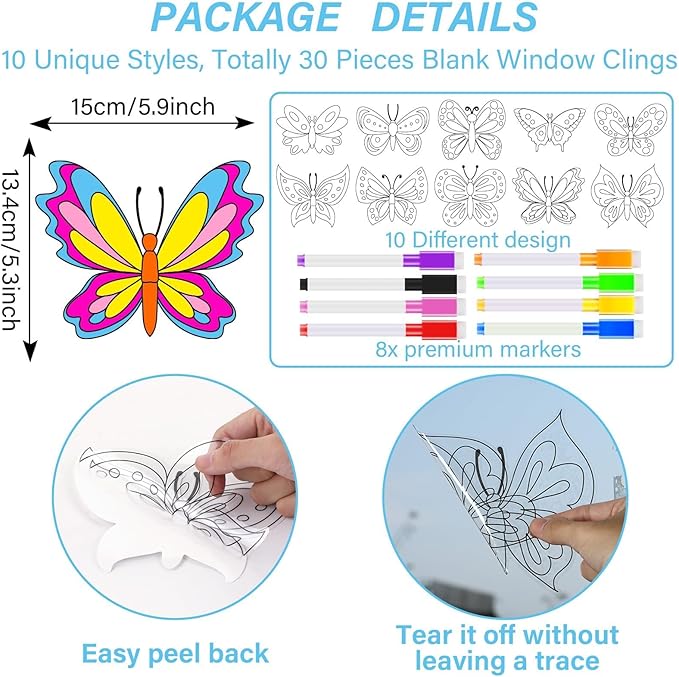 Qyeahkj 30 Pack Spring Butterfly Crafts for Window Suncatchers Crafts Kit DIY Spring Coloring Arts Crafts Window Clings Stickers with 8 Markers Hobby Gifts for Home Decorations