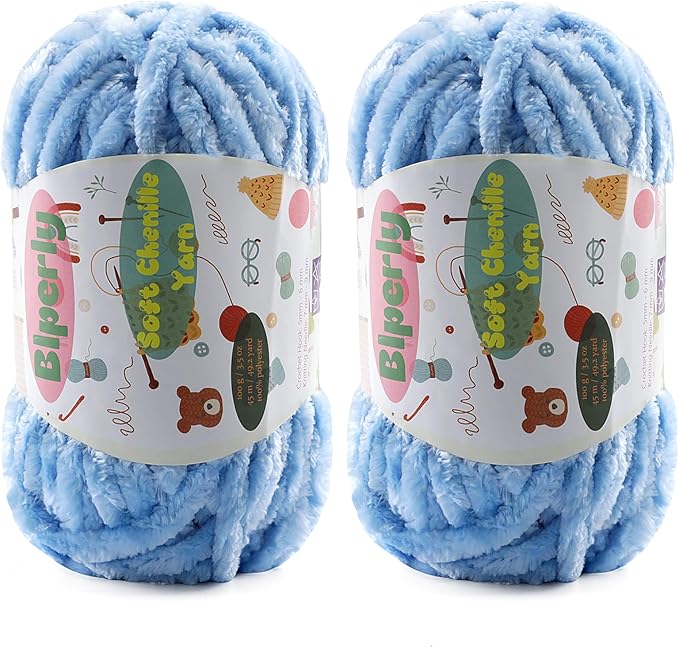 2 * 100g Fluffy Chenille Yarn for Crocheting - Chunky Velvet Yarn for Scarves Shawls, Baby Blankets, Hats Plush Toys, Plush Yarns Each Skein 49.2yd, (2, Light Blue)