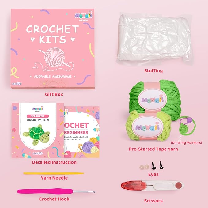 Mewaii Crochet Kit for Beginners Level 1 with 40% Extra Eco-Friendly Pre-Started Easy Yarn, Step-by-Step Video Tutorials for Adults and Kids (Green Sea Turtle)