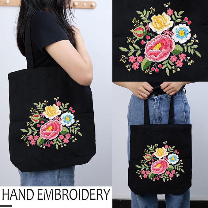 CREAWONDER Canvas Tote Bag Embroidery Kit with Pattern for Beginners, Arts and DIY Embroidery Crafts Kits for Adults, Include Instructions, Thimble, Embroidery Hoops, Color Threads and Tool