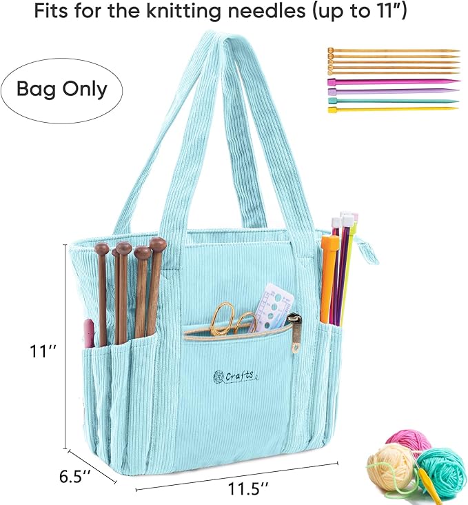 Corduroy Crochet Bag 11.5" Large Yarn Storage Tote with Grommets, Needle Holders – Knitting Bag Organizer for Crochet Hooks, Accessories, Tools & Projects –Gift for Knitters & Crafters