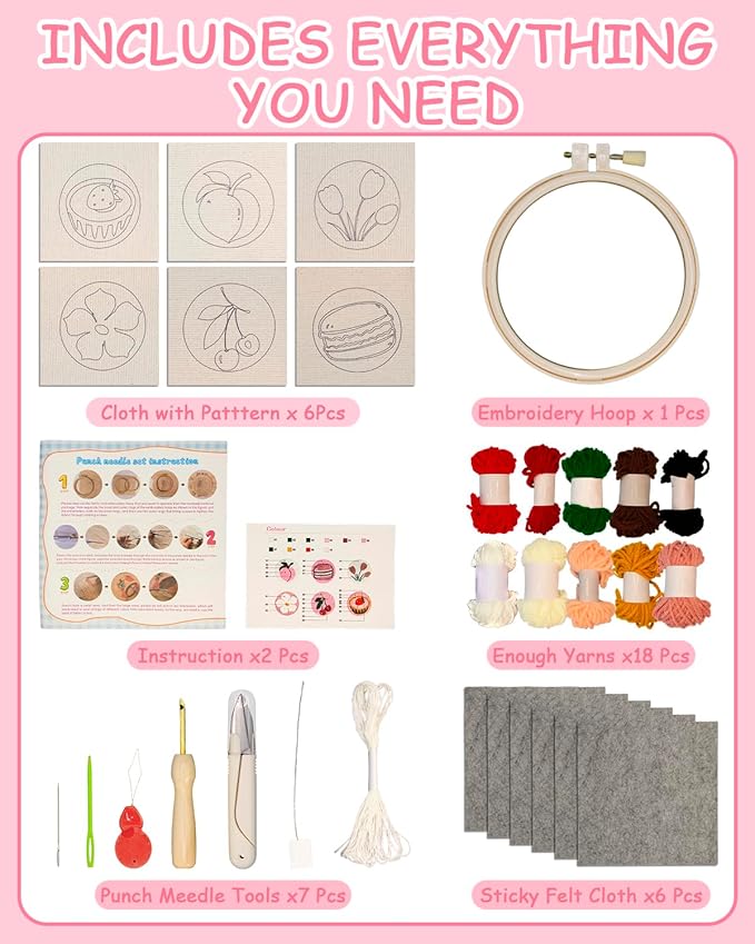 Punch Needle Kit for Beginners Adults Kids, 6 Pattern Embroidery Punch Needle Kits, Easy Needle Punch Embroidery DIY Kit Set Tufted Rug Punch Decoration with Patterns, Tools, Yarns, Hoop, Instruction