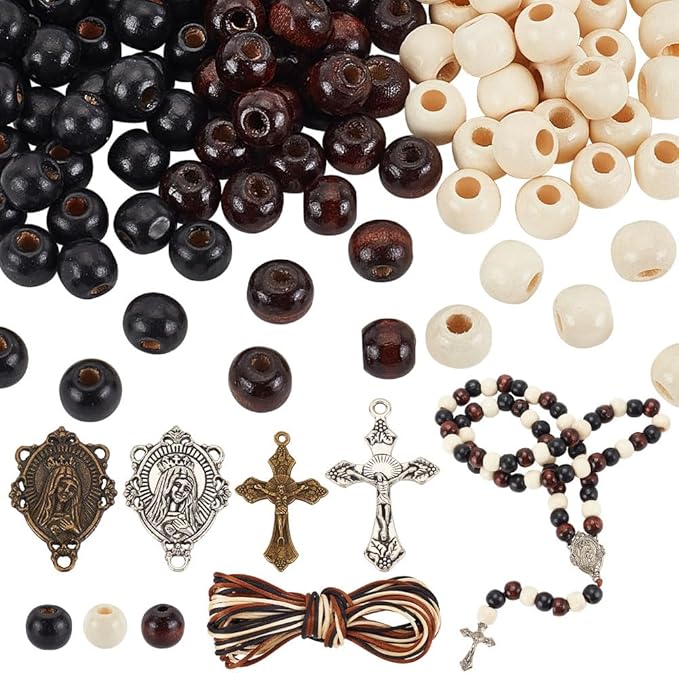 PH PandaHall 744pcs Rosary Jewelry Making Kit First Communion Necklace Natural Wood Beads Making Set Cross Centerpiece Alloy Chandelier and Beading Wires for Easter Eid Mubarak Ramadan