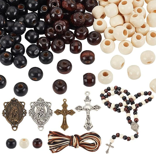 PH PandaHall 744pcs Rosary Jewelry Making Kit First Communion Necklace Natural Wood Beads Making Set Cross Centerpiece Alloy Chandelier and Beading Wires for Easter Eid Mubarak Ramadan