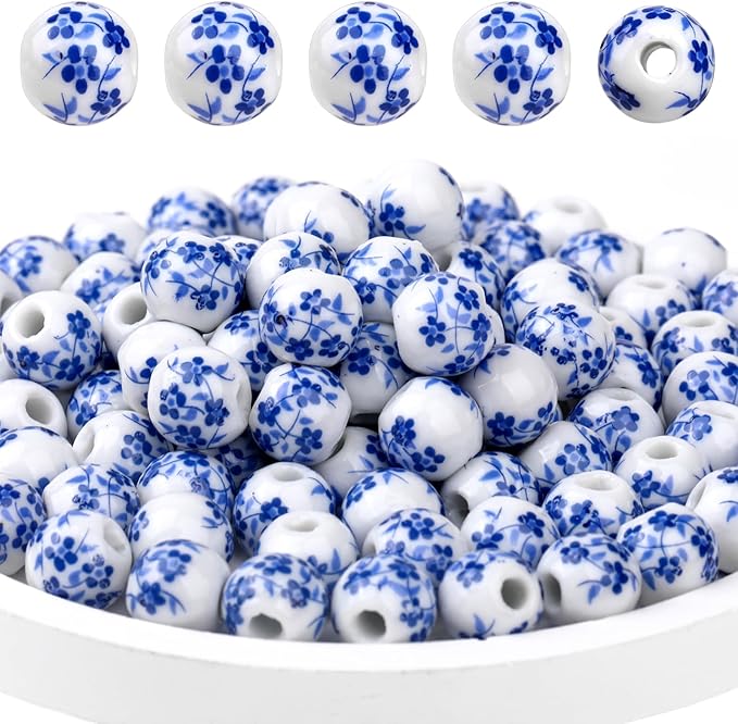 Ceramic Beads, 100Pcs Round Porcelain Beads 10mm Handmade Porcelain Blue Flower Printed Spacer Beads Craft Beading Kit for Jewelry Making Supplies DIY Crafts Bracelets Necklace