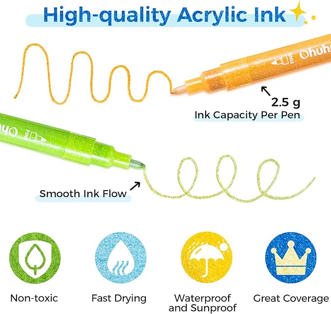 Ohuhu Acrylic Glitter Markers, 24 Metallic Glitter Colors, Fine Tip Paint Pens for Fine Details & Shimmer Accents, Water-Based & Quick Dry, for DIY Crafts, Cards, Journals, Wood & Rock Painting