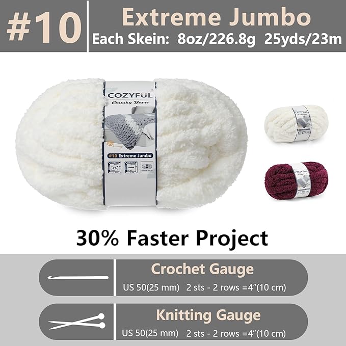 Chunky Yarn for Hand Knitting - #10 Chunky Chenille Yarn, Jumbo Big Thick Chunky Yarns for Crocheting, Super Bulky Chunky Knit Blanket Yarns, 8 Skein (25yd, 8oz/Skein), Cream & Wine
