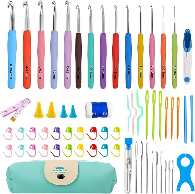 VOLYAR 14 Size Crochet Hook Set with case, 63 Pack Ergonomic Crochet Set 2mm(B)-10mm(N),Crochet Kit for Beginners, Long Crochet Needles