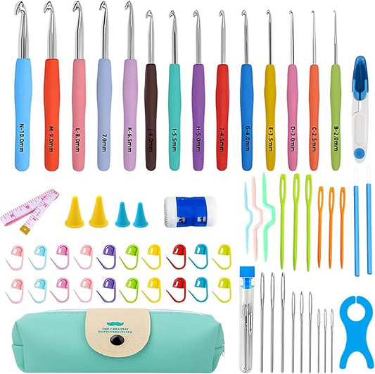 VOLYAR 14 Size Crochet Hook Set with case, 63 Pack Ergonomic Crochet Set 2mm(B)-10mm(N),Crochet Kit for Beginners, Long Crochet Needles