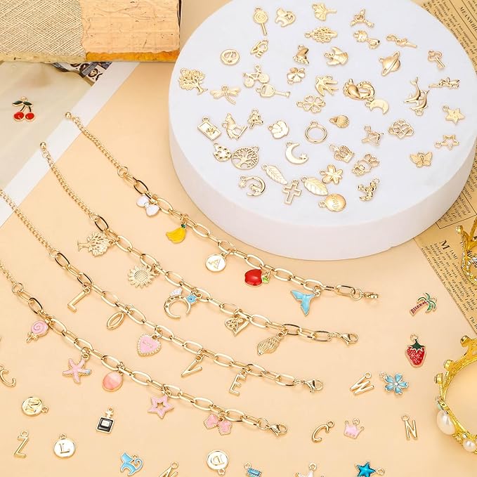 Flasoo 416 Pieces Gold Charm Bracelet Making Kit, Including Paperclip Chain Bracelets, Charms, Jump Rings for Jewelry Making