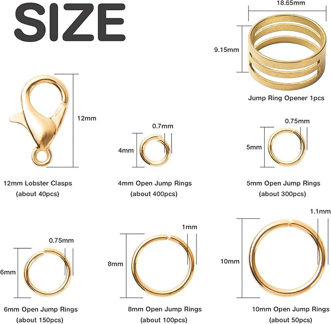 Jump Rings Kit With1000PCS Open Jump Rings 40PCS 12mm Lobster Clasps and Jump Rings Opener for Jewelry Making Keychains and Necklace Repair (Gold)