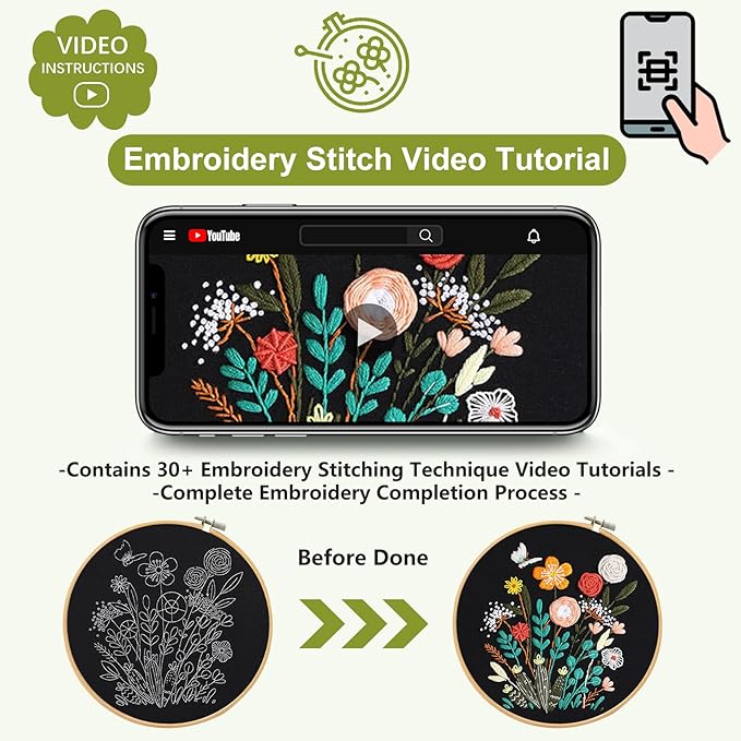 Santune 3 Pack Beginner Embroidery Kits for Adults DIY Starter Kit with 33 Stitch Techniques, Stamped Patterns, Embroidery Hoop, Colorful Threads,Stitch Video Tutorial