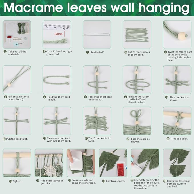 Crystalberry Large DIY Macrame Leaf Wall Hanging Kit 20.4in × 15.7in Bohemian 13 Green Leaves Decor DIY Craft Woven Yarn Tapestry for Living Room Bedroom