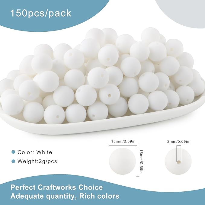 150Pcs 15mm Silicone Beads for Keychain Making Bracelet Necklace, Bulk Round Silicone Beads for Pens（White）