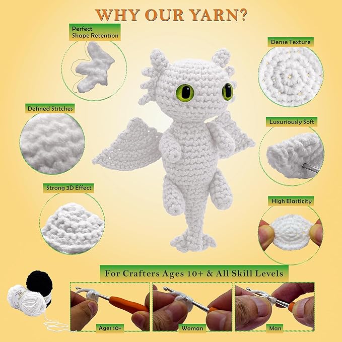 lunuafvy crochet kit for beginner adult/teen/kid 9+ - learn to crochet animal amigurumi dragon set with left/right-handed 4hr video, 3-format guides, gift-ready packaging, soft yarn & storage bag
