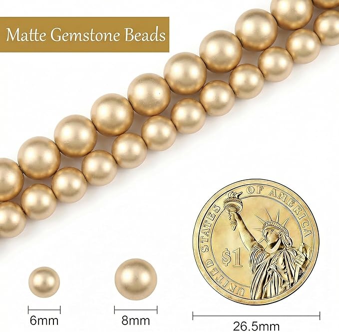Stone Beads, 60pcs Matte Gold Hematite, 6mm Round Loose Beads for Jewelry Making, Bracelets, with Bag, String & Card