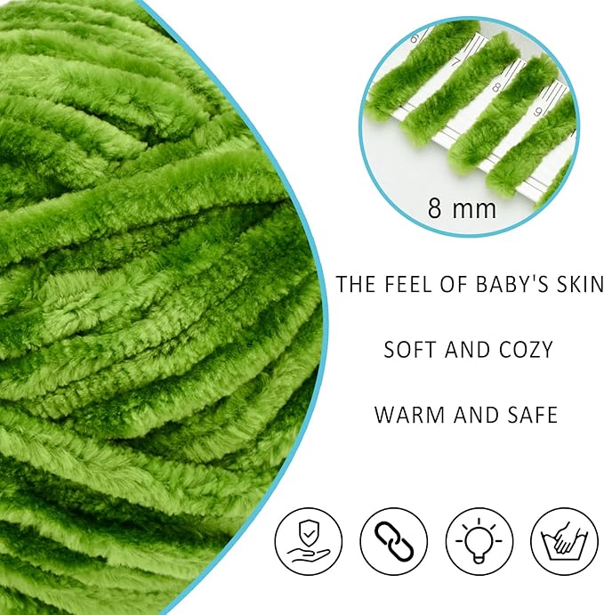 Velvet Yarn Chenille Yarn for Crocheting and Knitting Soft Chenille Bulky Baby Blanket Yarn DIY Weaving Craft 8pack Green(4oz 66yds Each)