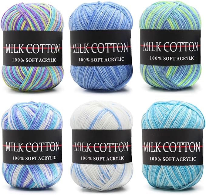 6 Rolls 50g Acrylic Skeins, Soft Yarn for Crocheting & Knitting, Assorted Starter Crochet Kit for Adults & Kids (Blue)