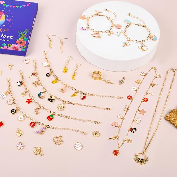 408Pcs Gold Charm Bracelet Making Kit for Girls, Including 12 Bracelet Chains, 152 Charms, 200 Jump Rings, 20 Earing Hook, 2 Necklace, 1 Jewelry Plier for DIY Crafting and Jewelry Making for Adults