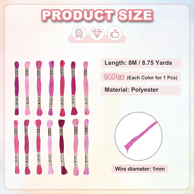 PATIKIL 14 Skeins Embroidery Floss, Polyester Embroidery Threads Bracelets String for Cross-Stitch Hand Embroidery, Multicolored Deep Red Pink