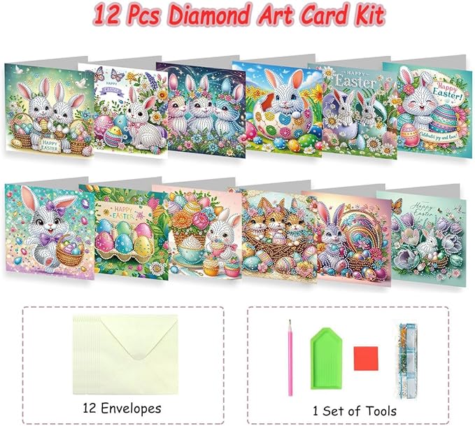 12 Pack 5D DIY Diamond Painting Greeting Card Kit, Diamond Art Birthday Holiday Greeting Card, Art Crafts Kit Creative Gift with Envelope (Easter Bunny A)