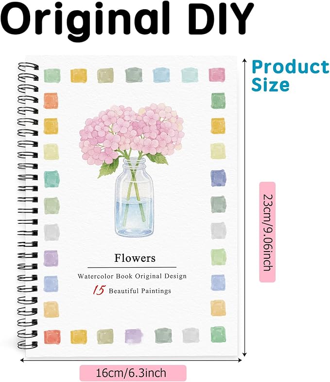 SLWBZ Watercolor Workbook Pink Flowers, 15 Different Patterns of Original DIY Designs, Beginner-Friendly Watercolor Workbooks, (Pink Hydrangeas, Without Palette)