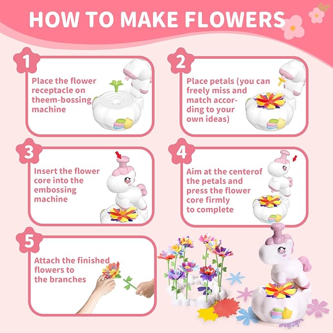 risuntoy kids flower press kit-diy fabric flower craft kits with 110 petals 30 centers stems buds,5 wraps & tapes,stem bouquet toys compatible with flower maker,christmas birthday gifts for kids 3+