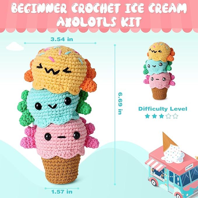 Crochetta Crochet Kit for Beginners, Crochet Starter Kit w Step-by-Step Video Tutorials, Beginner Crochet Kit for Adults Kids Women Men Complete Kit Included (Ice Cream Axolotls)