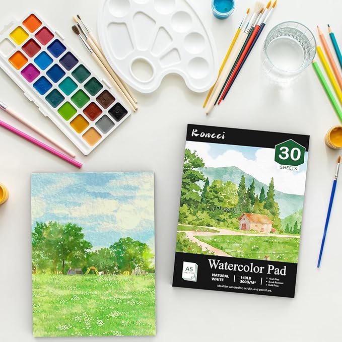 Watercolor Paper A5(5.8"X8.3"), Cold Press Water Color Paper Pad, 140lb/300gsm, Glue Bound, Acid-Free Watercolor Sketchbook Journal Painting Drawing Paper Book, Art Supplies for Students Adults