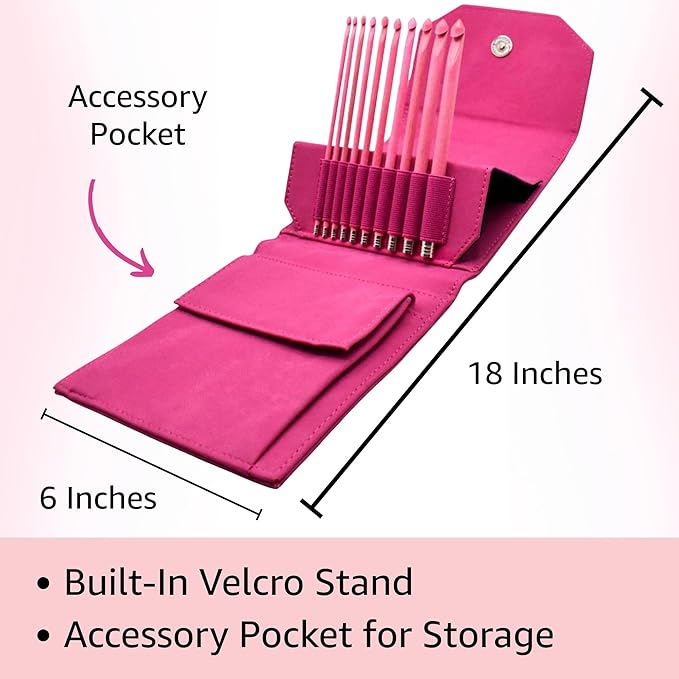 Lykke Blush 6 in. Set Sizes 3.5, 3.75, 4.0, 4.5, 5.0, 5.5, 6.0, 6.5, 8.0, 9mm Crochet Hooks for Sport, Baby, DK, Worsted, Chunky Yarn, Birchwood with Fuchsia DM Case, Project Bag