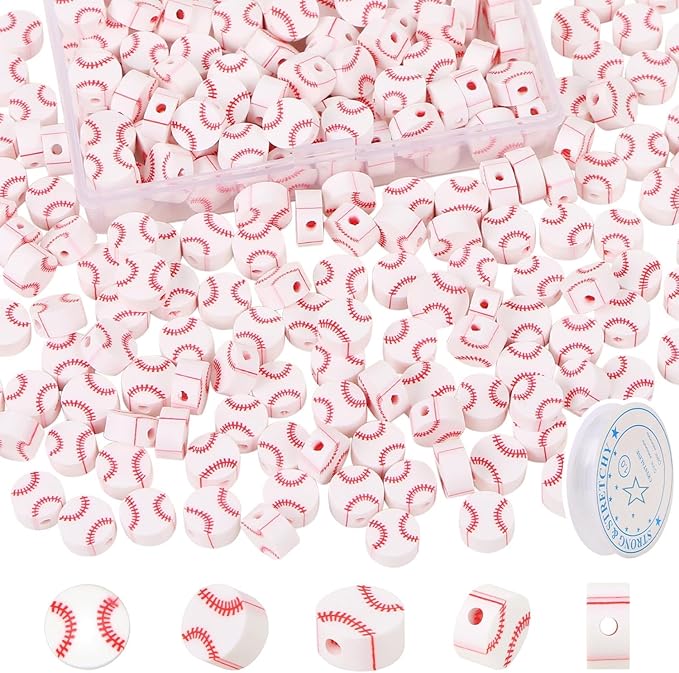 EVERMARKET 100pcs Baseball Polymer Clay Bead, American Football Bead DIY Beads for Necklace Bracelet Jewelry Handmade Jewelry Making Accessories Supplies (White Baseball)