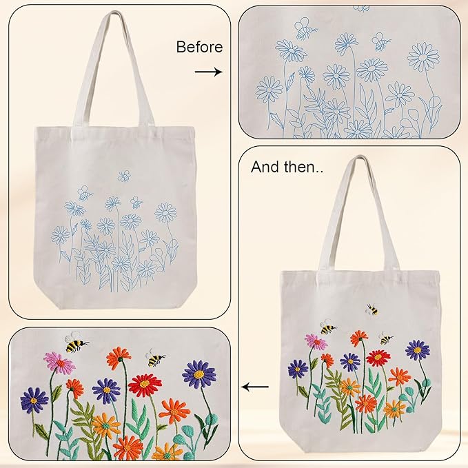 louise maelys canvas tote bag embroidery kit for beginners,cross stitch kits for adults,arts crafts needlepoint women shopping reusable grocery bags