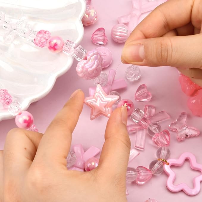 ABONDEVER 245-300Pcs Assorted Acrylic Beads for Bracelets Making Cute Star Bow Flower Candy Heart Gummy Bear Butterfly Beads for DIY Jewelry Crafts Keychain Necklace Phone Charms(Pink)