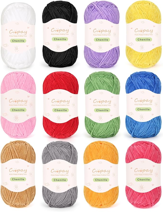 Coopay Skinny Chenille Yarn for Crocheting and Knitting, 12 Pack of 50g/1.76oz - 1764yd Total, Soft Crochet Yarn of Light Weight - Sutible for Colorful Crafts, Blankets, Plush Dolls and Baby Garments