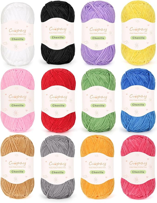 Coopay Skinny Chenille Yarn for Crocheting and Knitting, 12 Pack of 50g/1.76oz - 1764yd Total, Soft Crochet Yarn of Light Weight - Sutible for Colorful Crafts, Blankets, Plush Dolls and Baby Garments