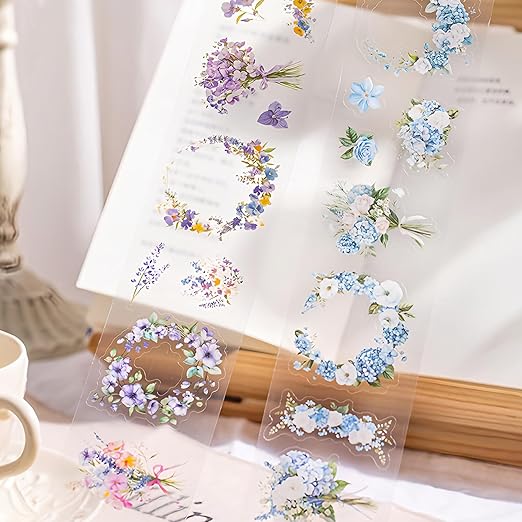 PET Tape Stickers for Journaling 6 Rolls Pre-Cut Flower Washi Tape Stickers Decorative Tape for Crafts Scrapbooking Junk Journal Supplies, Wreath of Letters
