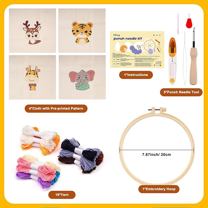Pllieay 4 Sets Punch Needle Kits, Punch Needle Embroidery Kits for Beginner with Animal Pattern, Punch Needle Tool Including Pre-Printed Cloth, Punch Needle, Hoops and Yarns
