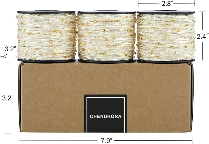 Artisanal Yarn Collection Multifiber Fancy Yarn for Knitting Crocheting Crafts DIY, Set of 3 Rolls (Cream Satin with Mini Golden Beads)