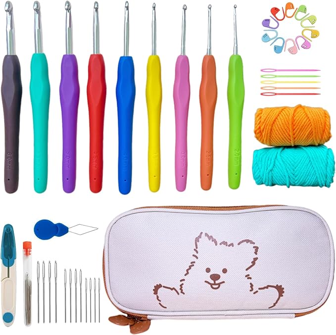 Crochet Hooks,Crochet Hook Set with Case Yarn Accessories,Ergonomic Crochet Hooks with Soft Grip Handles,9 Sizes from 2mm-6mm,Crochet Kit for Beginners DIY Dolls Bags Clothes Blanket(Sloppy Bear)