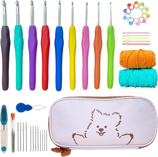 Crochet Hooks,Crochet Hook Set with Case Yarn Accessories,Ergonomic Crochet Hooks with Soft Grip Handles,9 Sizes from 2mm-6mm,Crochet Kit for Beginners DIY Dolls Bags Clothes Blanket(Sloppy Bear)