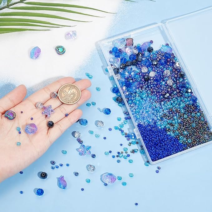SUNNYCLUE 1 Box 3100+Pcs Ocean Beads Kit Glass Sea Beads Starfish Seashell Fish Bead Summer Hawaii Ocean Animal Bead Purple Glass Beads Spacer Beads for Jewelry Making DIY Bracelet Earrings Necklace
