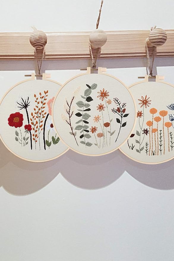 Uphome 3 Pack Embroidery Starter Kit for Beginners Stamped Cross Stitch Kits with Cute Flowers and Plants Patterns with 1 Embroidery Hoop and Color Threads for Adults Kids