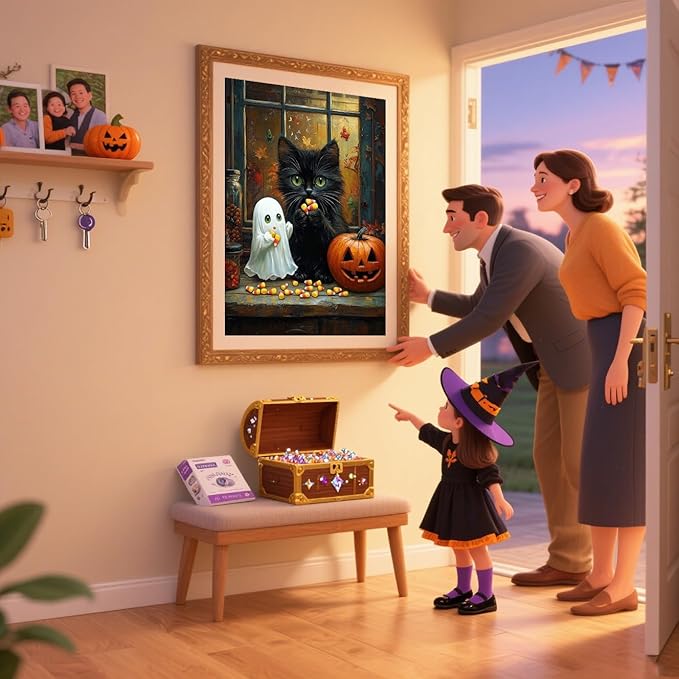 ijbnhd Halloween Diamond Art Kits for Adults, Black Cat Diamond Painting Kits for Adults, 5D Ghost Full Drill Round Pumpkin Gem Art Suitable Home Wall Decor 12x16inch