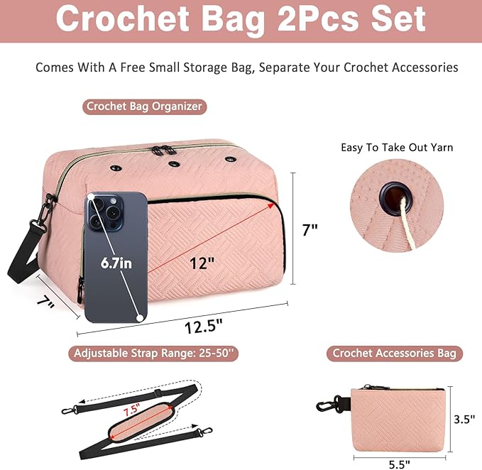 IBFUN Crochet Yarn Knitting Bag 2 Pcs Yarn Storage Organizer Crocheting Bags for Beginners with Shoulder Strap for Knit Accessories Needles Hooks