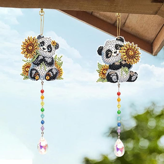 LazyFold 2 Pcs Diamond Painting Wind Chime Kits,Panda and Flower DIY Diamond Art Painting Wind Chime Kits Crystal Art Suncatchers for Adults Home Garden Window Craft Gift