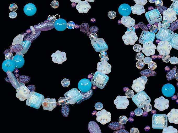 1.4oz (40g) Limited Mix of Czech Glass Beads, Hand Made Set Kit, Purple Bay Leaf Beads Table Cut Kiwi Crystal AB Beads